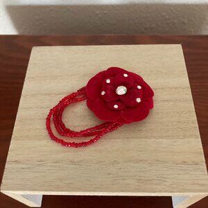 Hair tie red beaded elastic with red flower & rhinestones